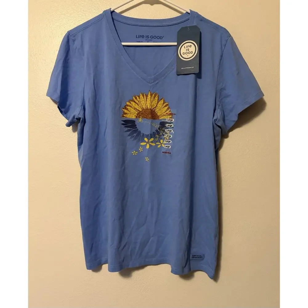 Life Is Good Crusher Tee Shirt Sunflower Bike Ride Womens Large Short Sleeve New